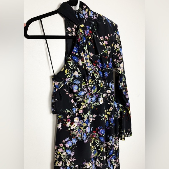 Parker One Sleeve Silk Black Asymmetric Ruffle Dress 6 Dark Floral Flounce - Picture 4 of 12